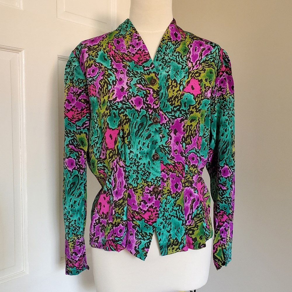 Vintage disco blouse 80s purple teal splatter ink